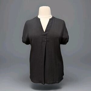 RACHEL Rachel Roy Blouse Black V Neck Cap Sleeve Large Curved Round Hem